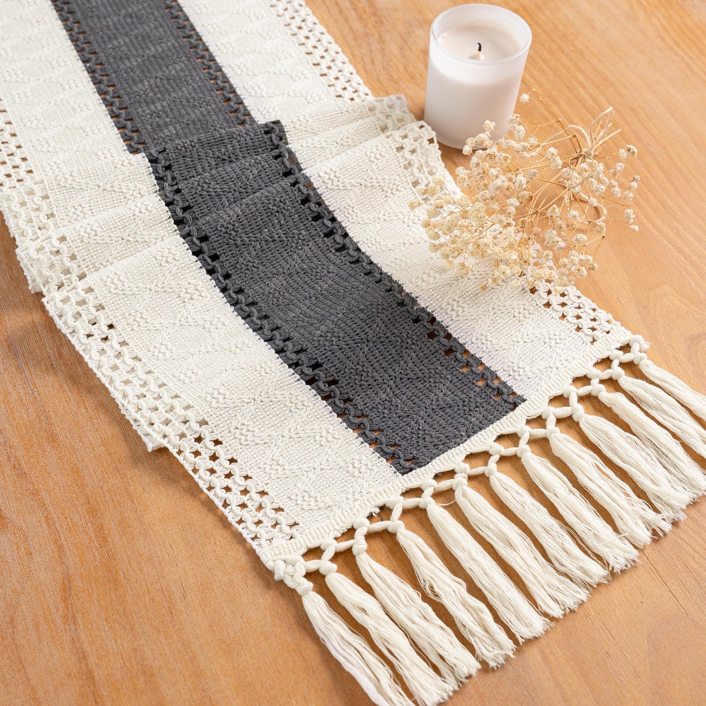 FEXIA Boho Table Runner for Fall Home Decor with Tassels 72 Inches Long Farmhouse Rustic Table Runner Macrame Burlap Table Decoration for Living Room Bridal Shower(12x72 Inches)