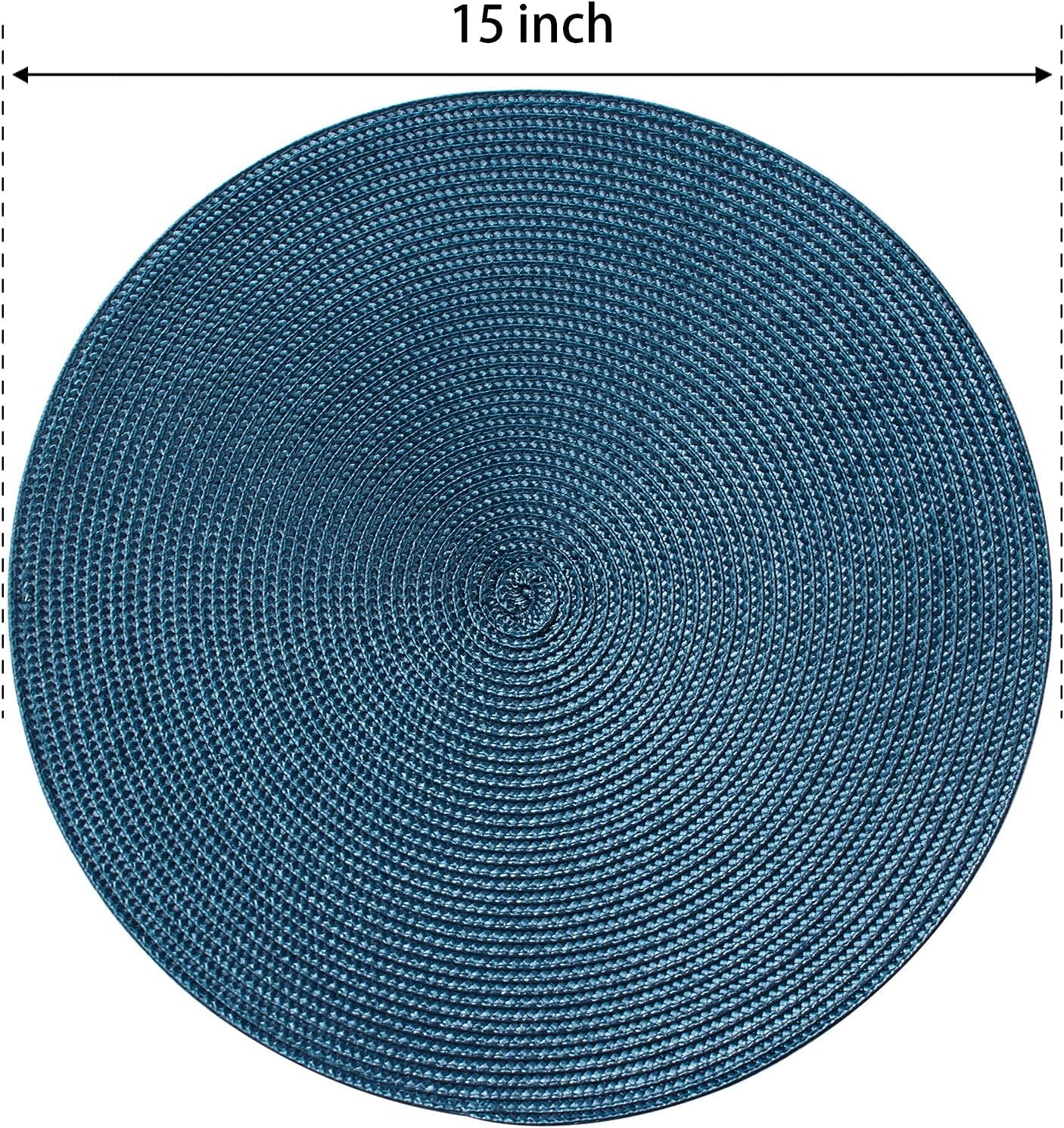 FunWheat Round Braided Placemats Set of 6 Table Mats for Dining Tables Woven Washable Non-Slip Place mats 15 in(Blue, 6pcs)