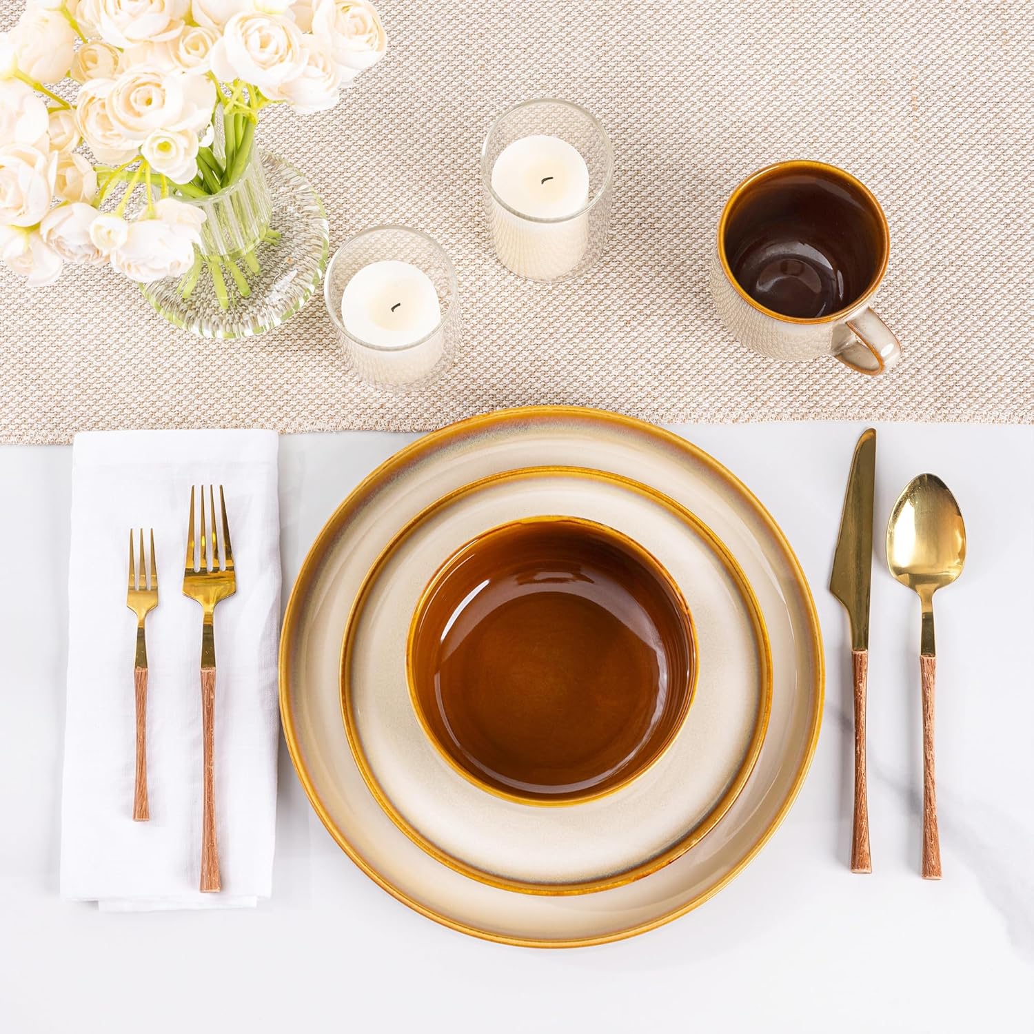 LeRatio Ceramic Dinnerware Sets for 4,12-Piece Plates and Bowls,Handmade Reactive Glaze Dishes Set,Chip Resistant and Scratch Resistant | Oven Dishwasher & Microwave Safe,Service for 4-Kahki